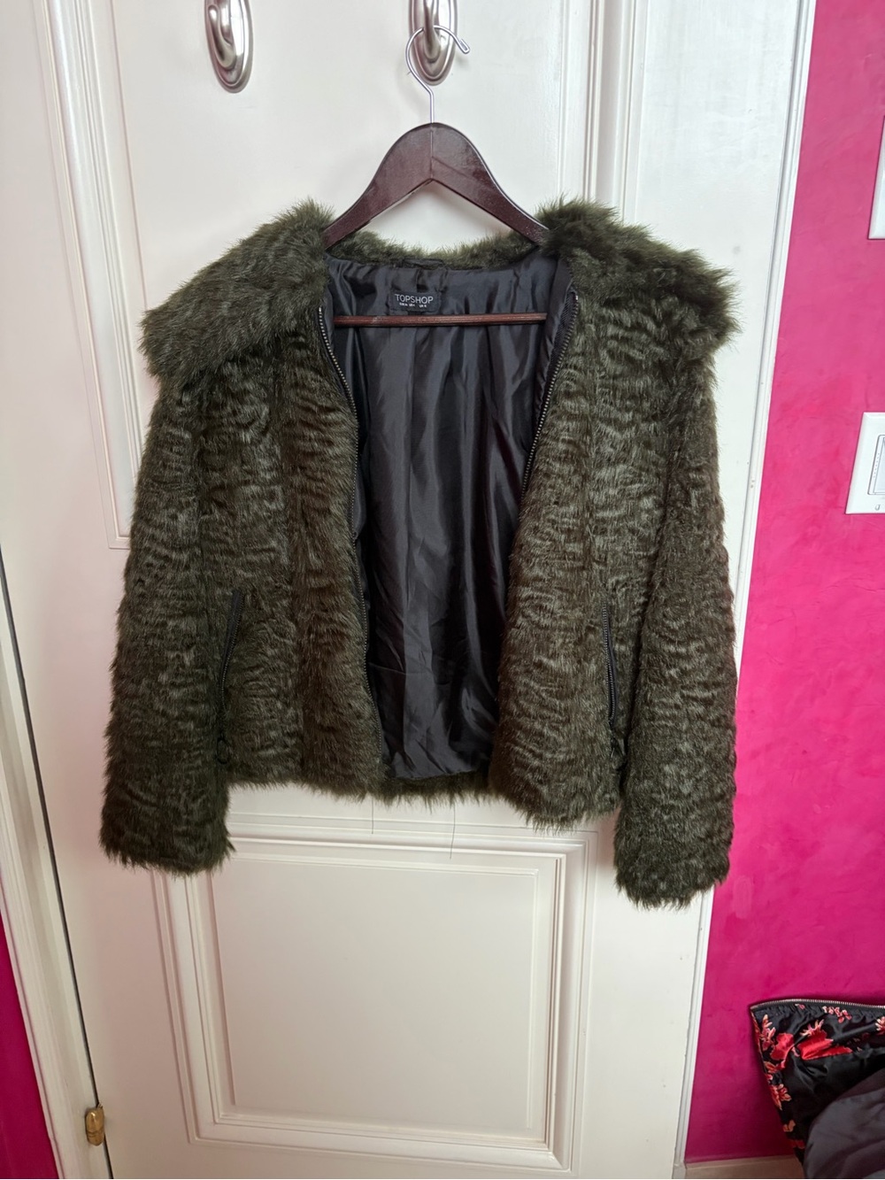 Topshop Dark Olive Faux Fur Teddy Jacket